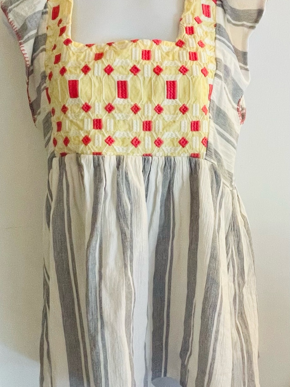 Forever That Girl Yellow Smocked Tank Embroidered Detail & Gray Stripe Bodice